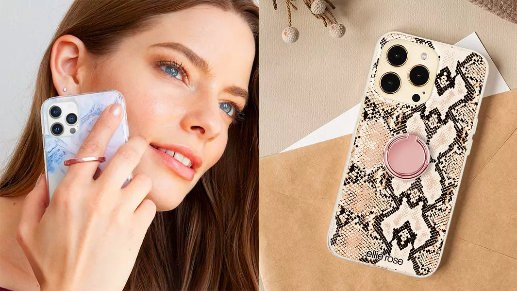 Featuring a rose gold phone ring on an iPhone with a snakeskin case