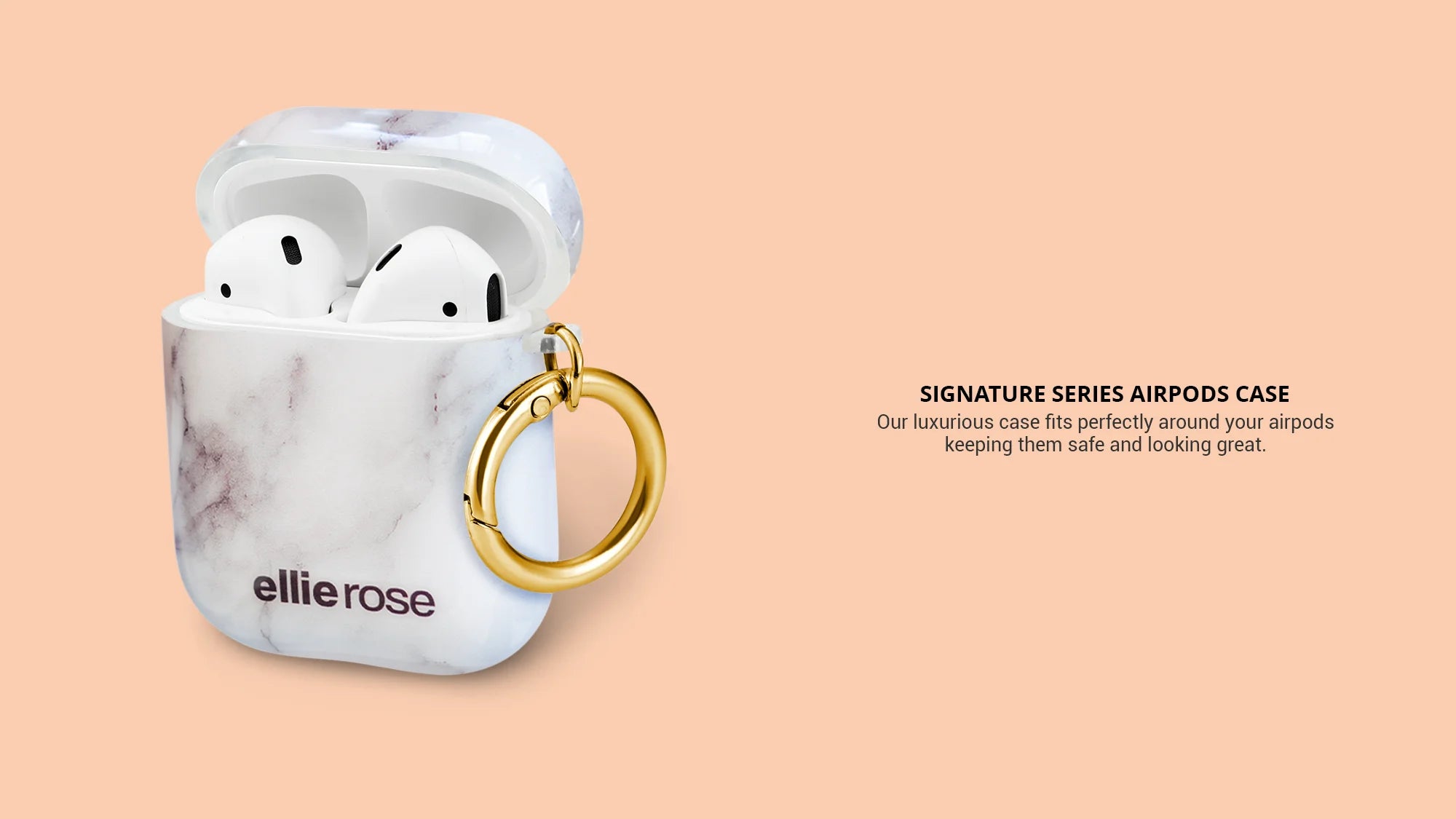 Showing white marble airpods case with gold ring