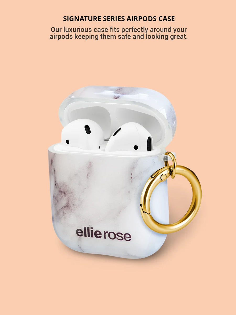 Showing white marble airpods case with gold ring