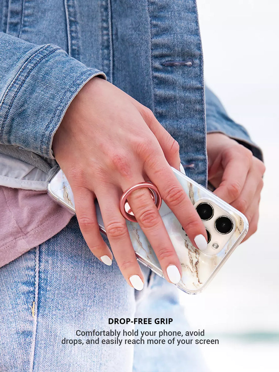 Wearing rose gold phone ring with an iphone case