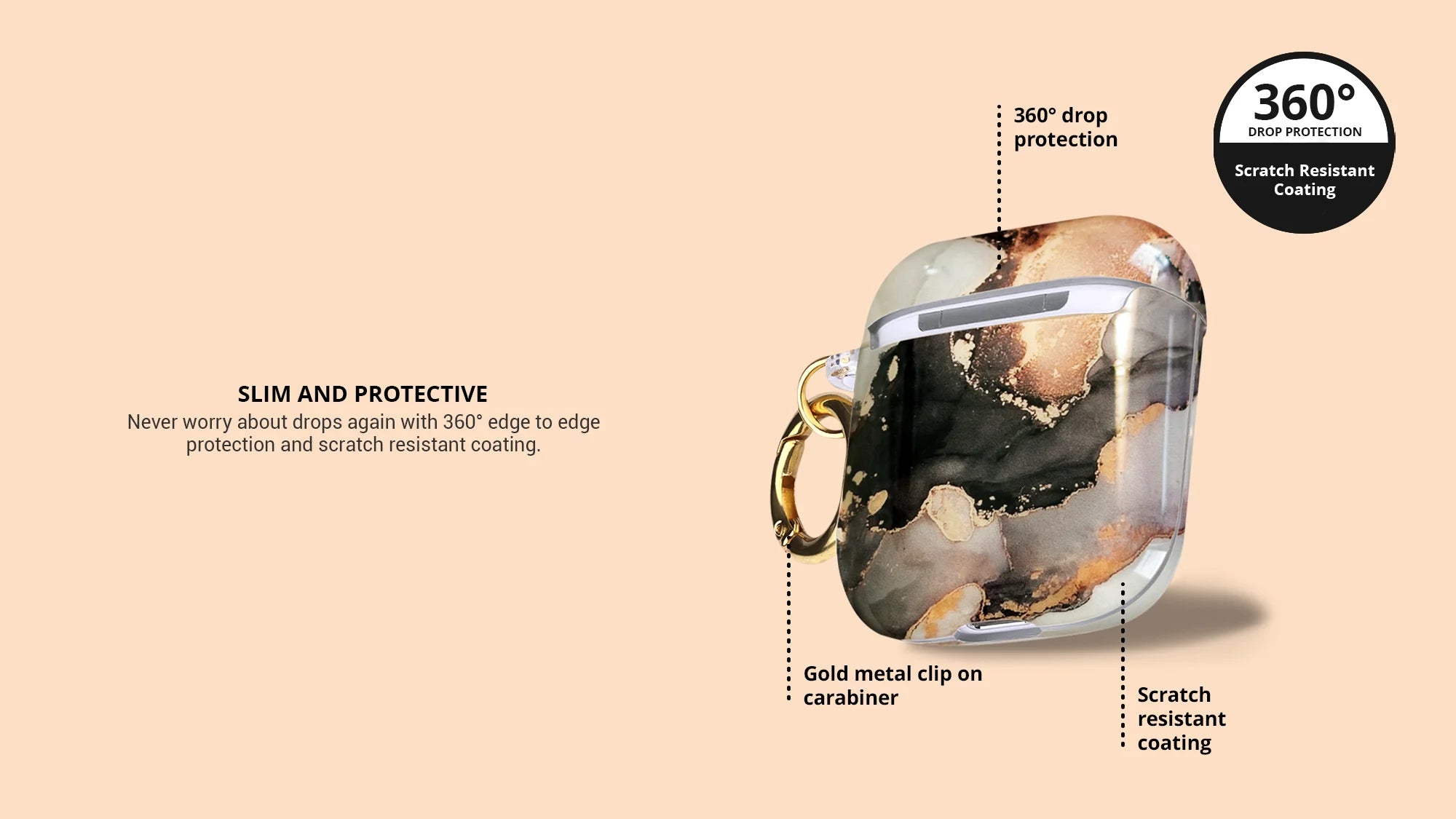 Showing back view of mercury marble airpods case with gold metal clip