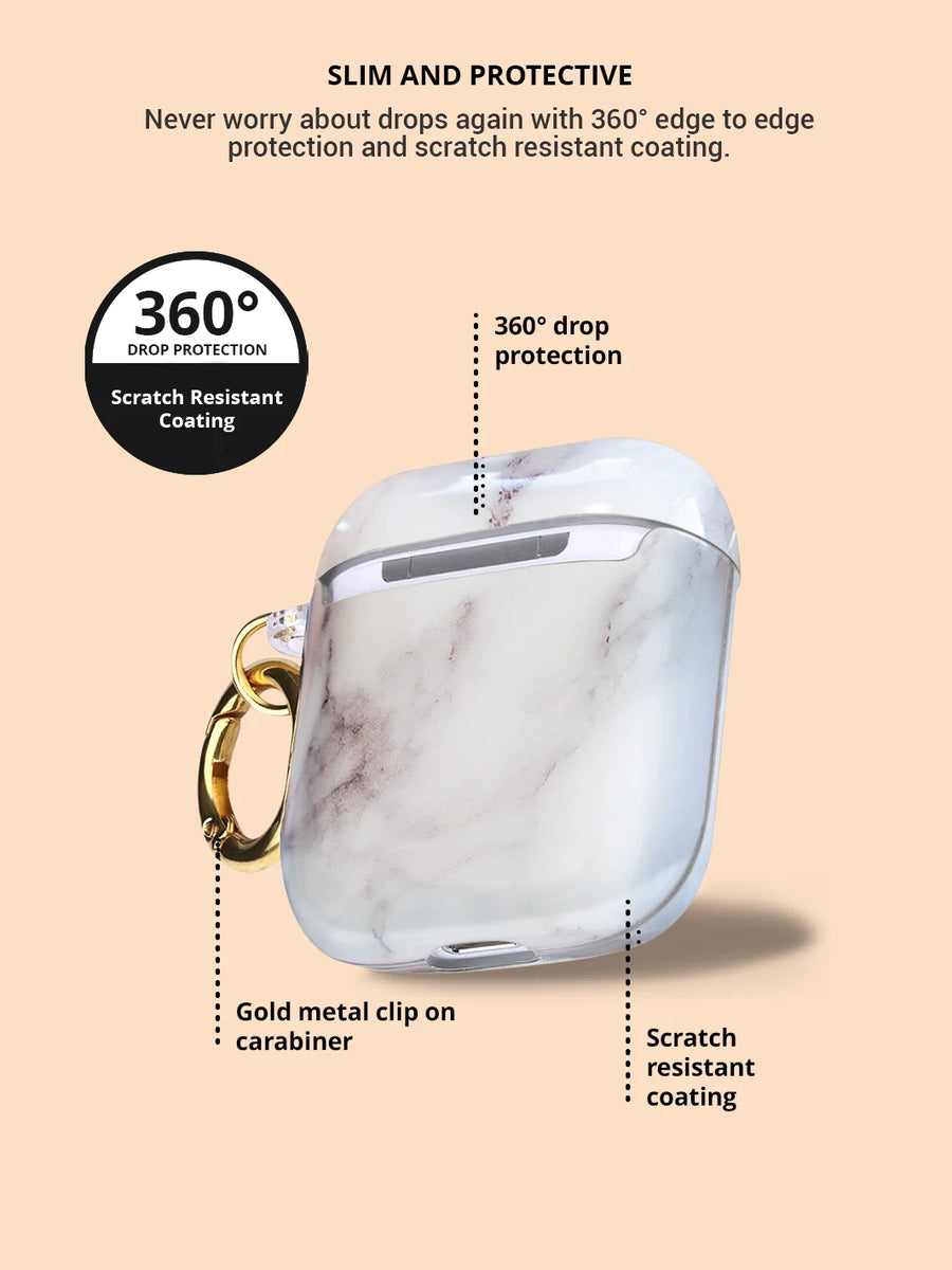 Showing 360 drop protection white marble airpods case