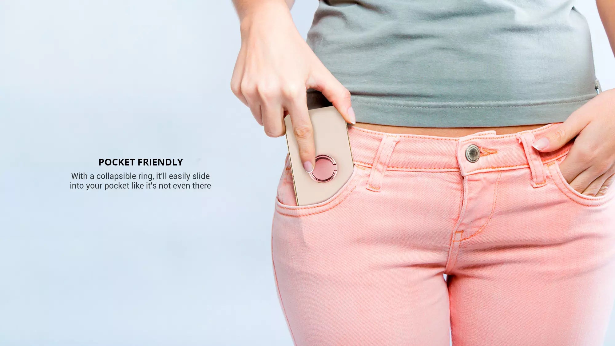 showing a rose gold phone ring with an iPhone easily slide into the pocket