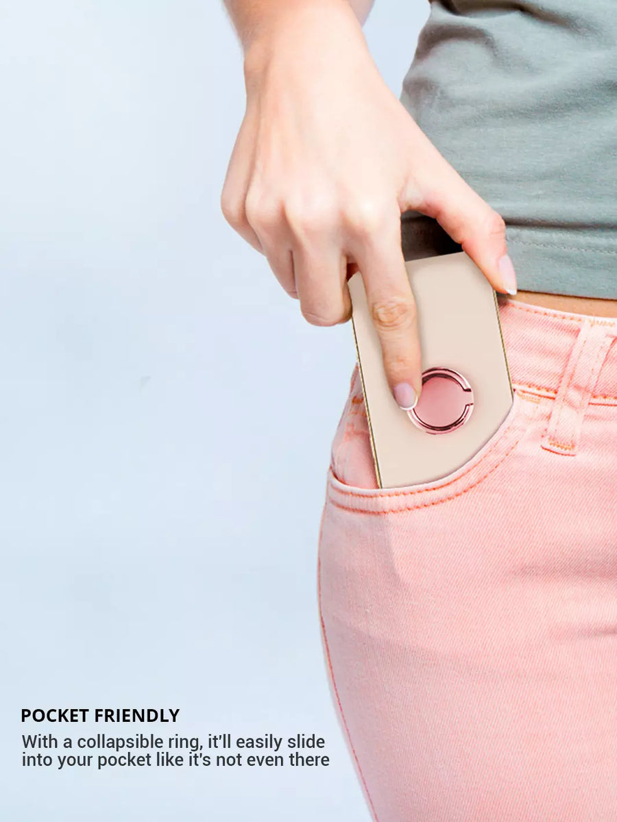 showing rose gold phone ring attached to the iPhone slides easily into your pocket