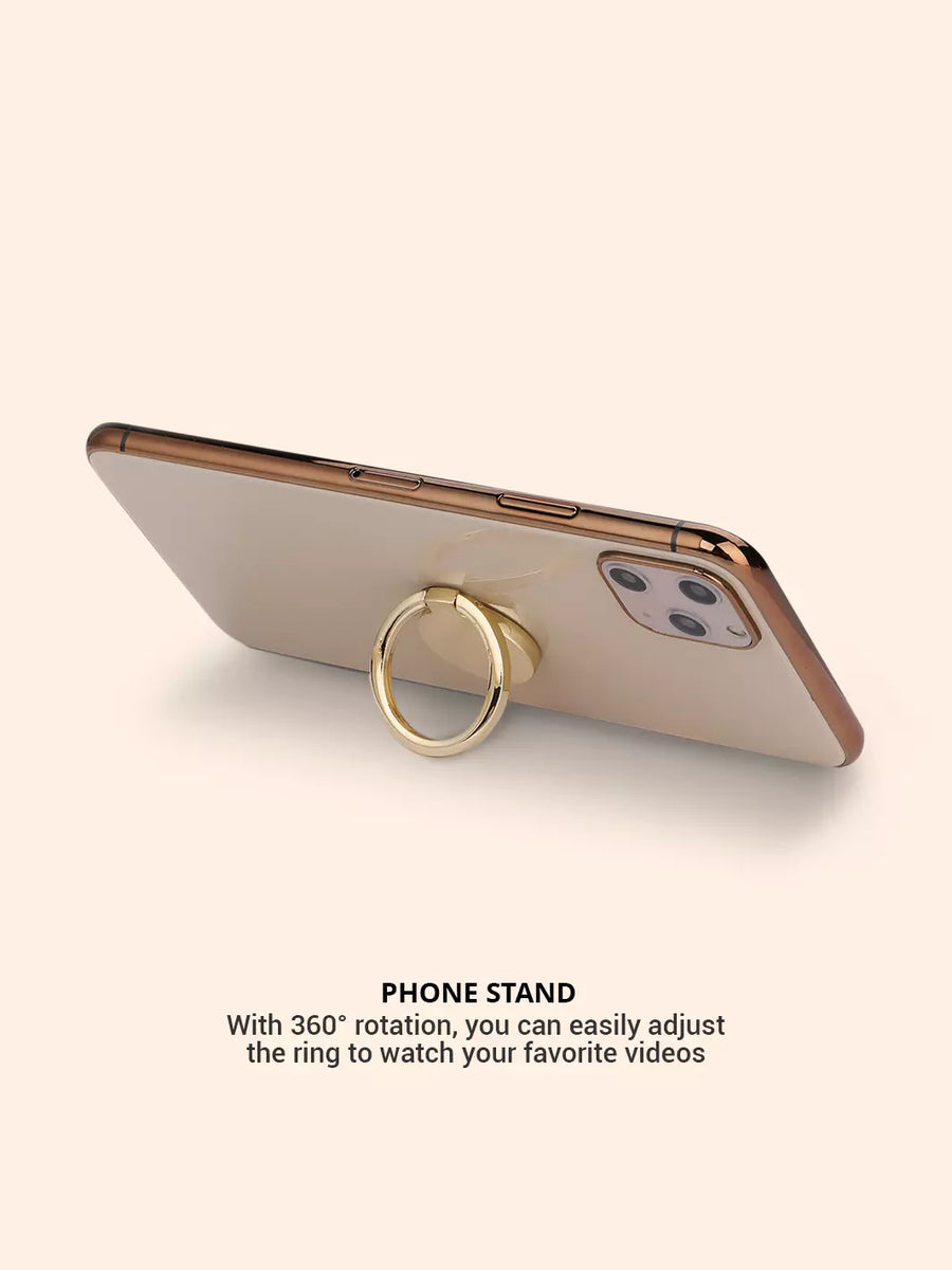 featuring gold phone ring stand with an iPhone