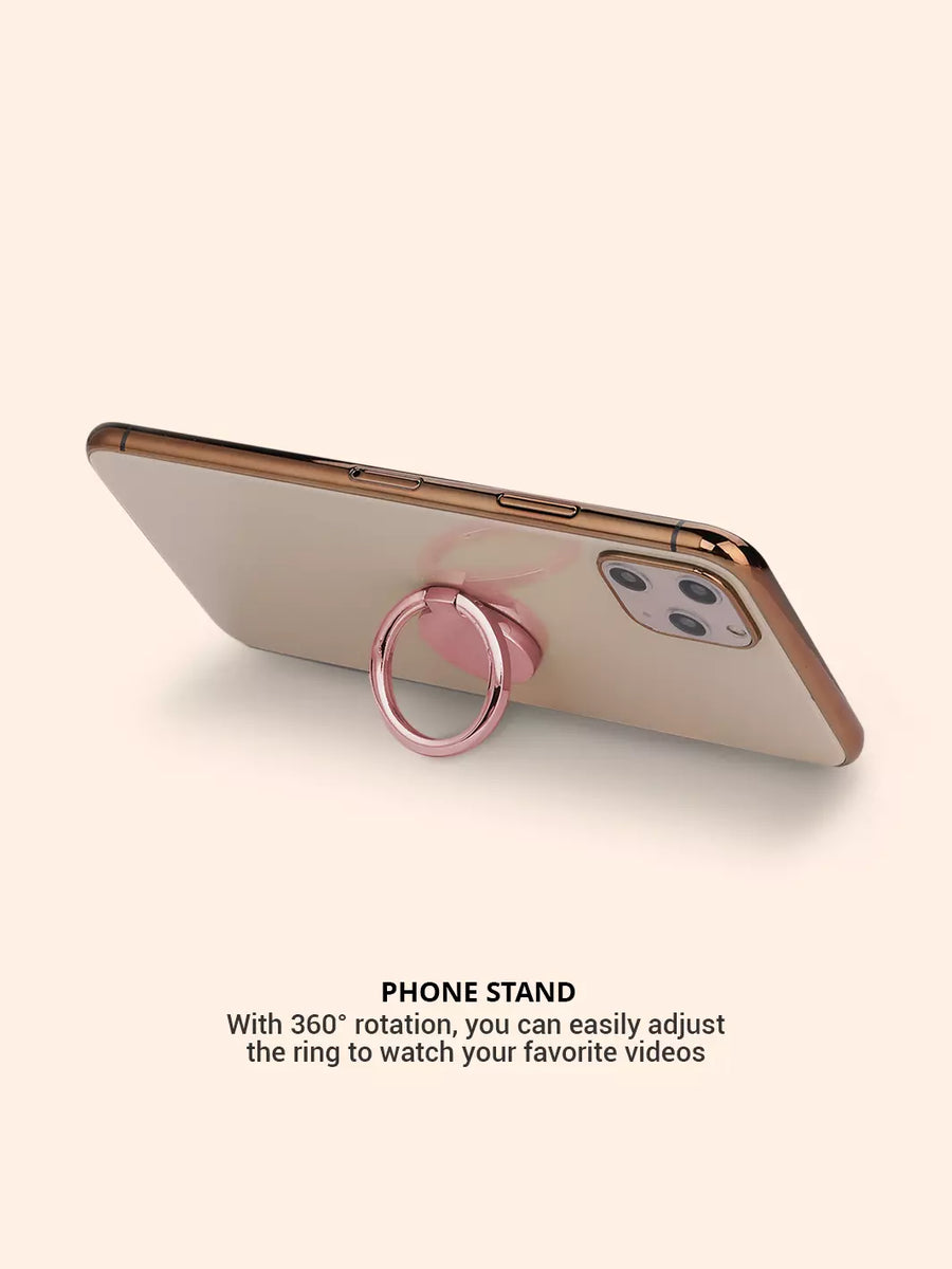 showing an iPhone using a rose gold phone ring stand