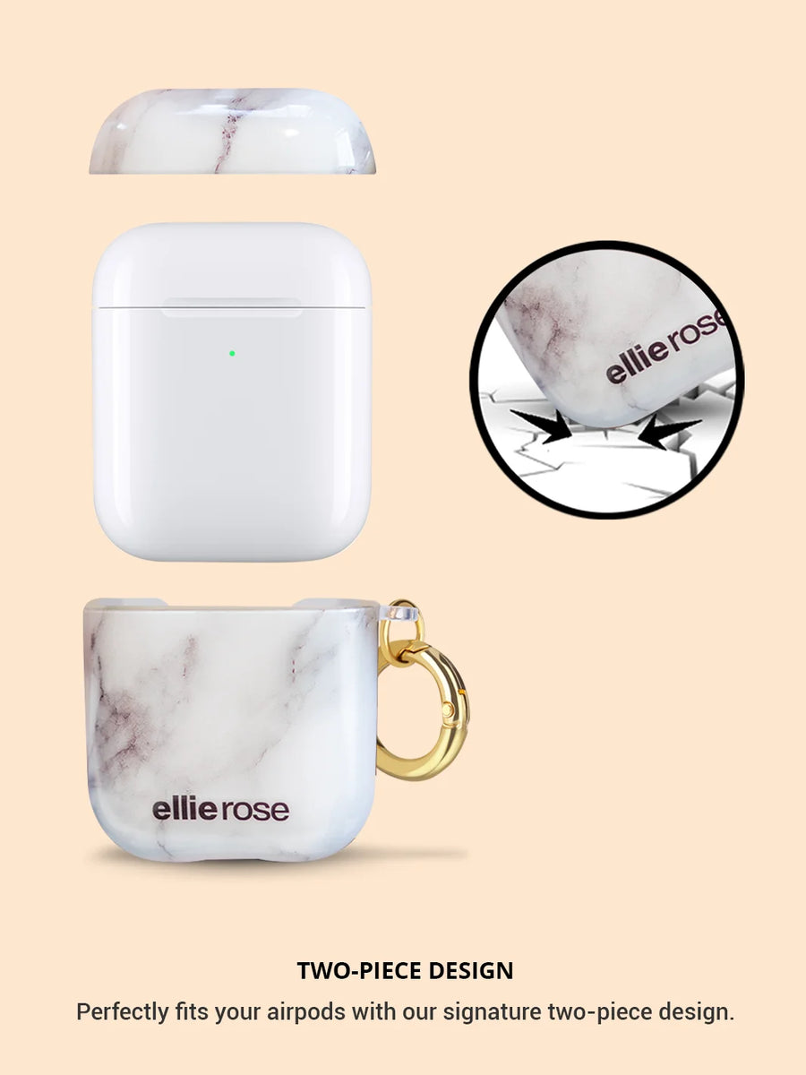 showing two piece design white marble airpods case with gold metal clip