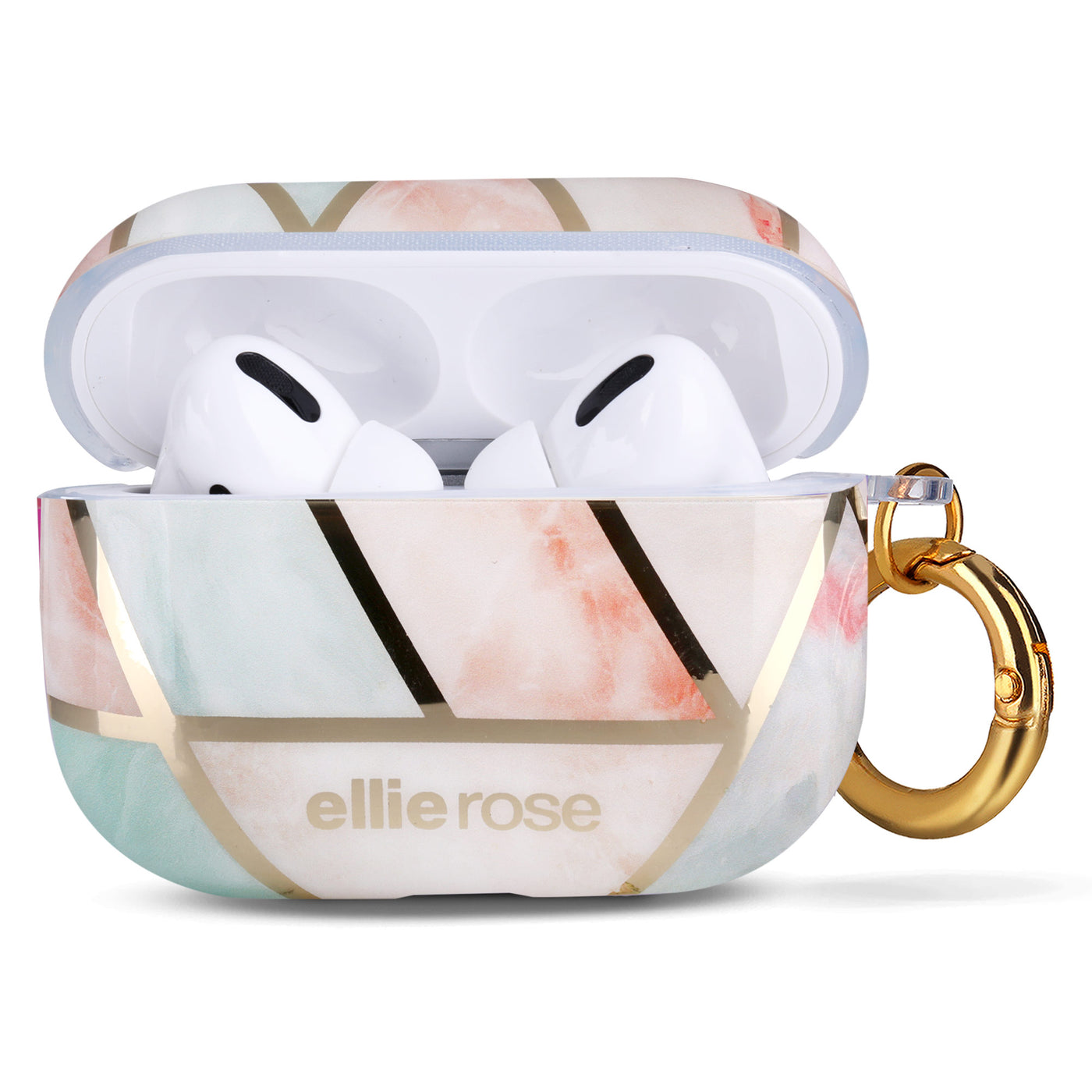 open peachy green airpods pro with gold hook ring