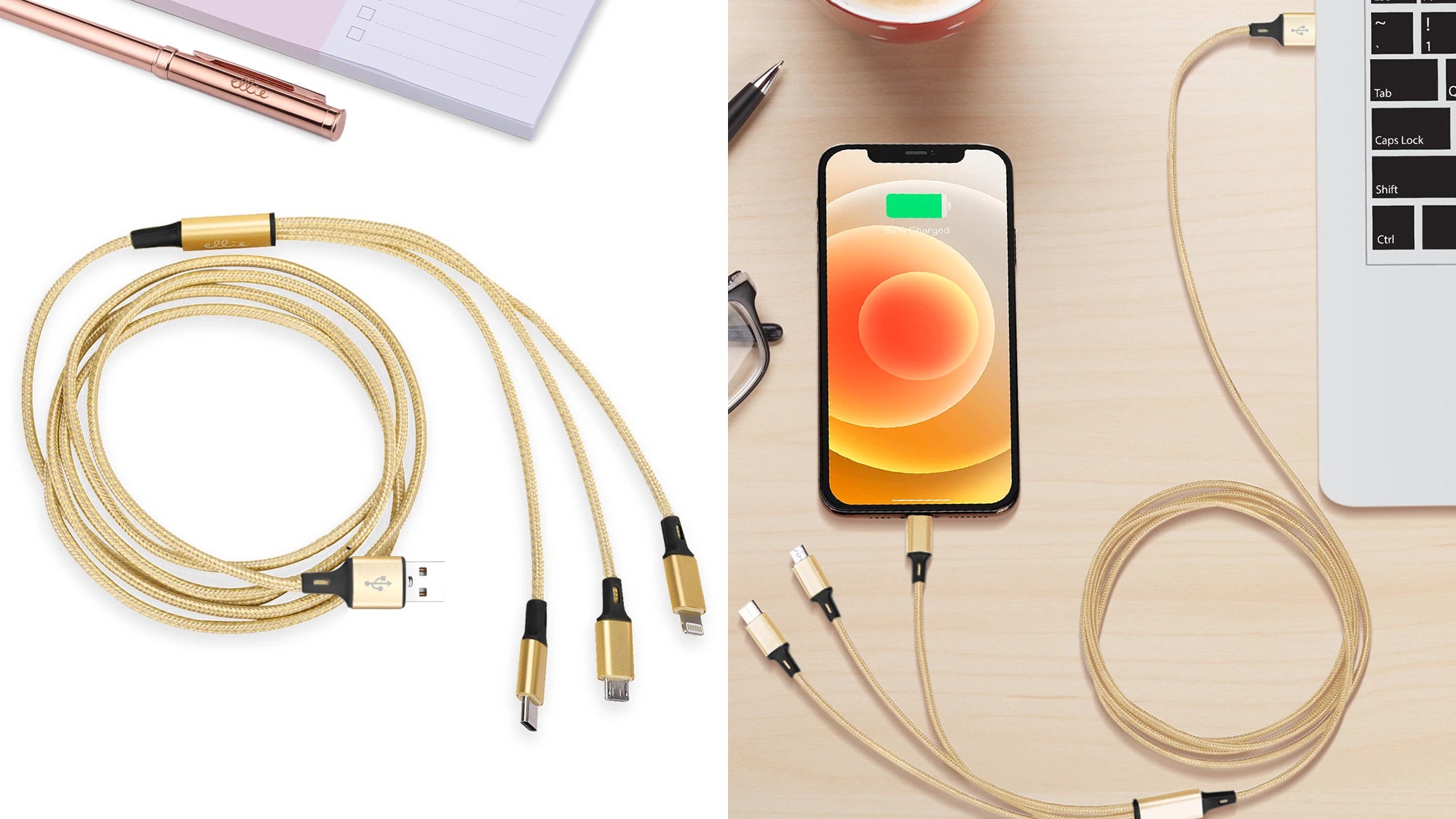 Charging an iphone using USB A Gold 3 in 1 charging cable