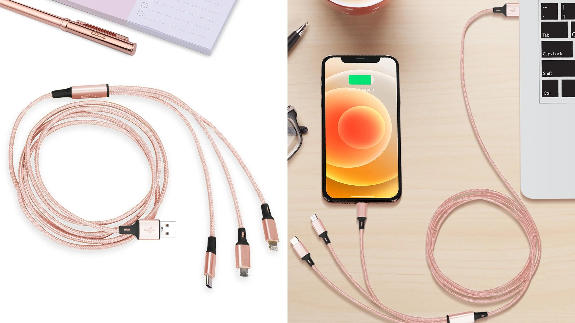 Rose gold 3 in 1 USB A charging an iphone on laptop connected