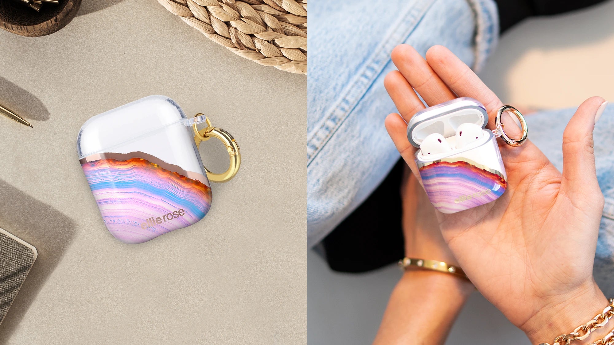 Showing 2 pieces candy agate airpods case with gold ring