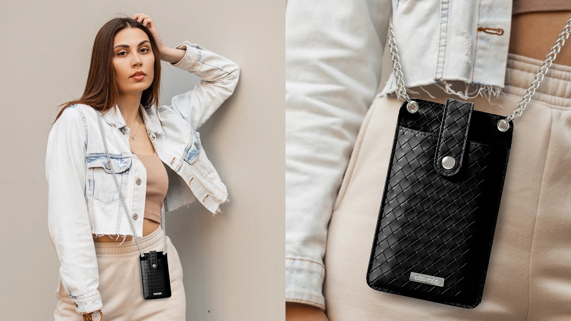 Showing crossbody phone bag black while wearing jacket