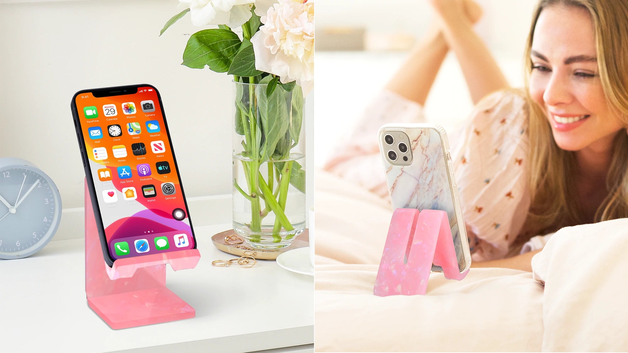 front and back view of a rose quartz phone and tablet stand with an iPhone