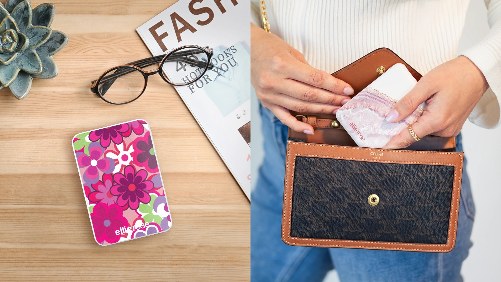 showing a groovy floral power bank and holding a rose gold agate power bank