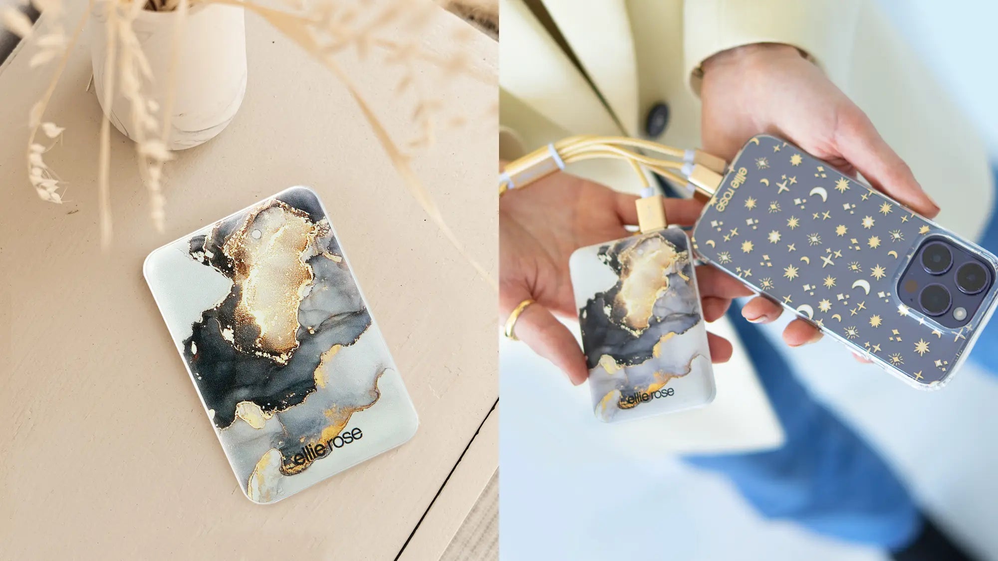 featuring mercury marble power bank and iPhone with 3 in 1 usb charging cable attached to mercury marble power bank