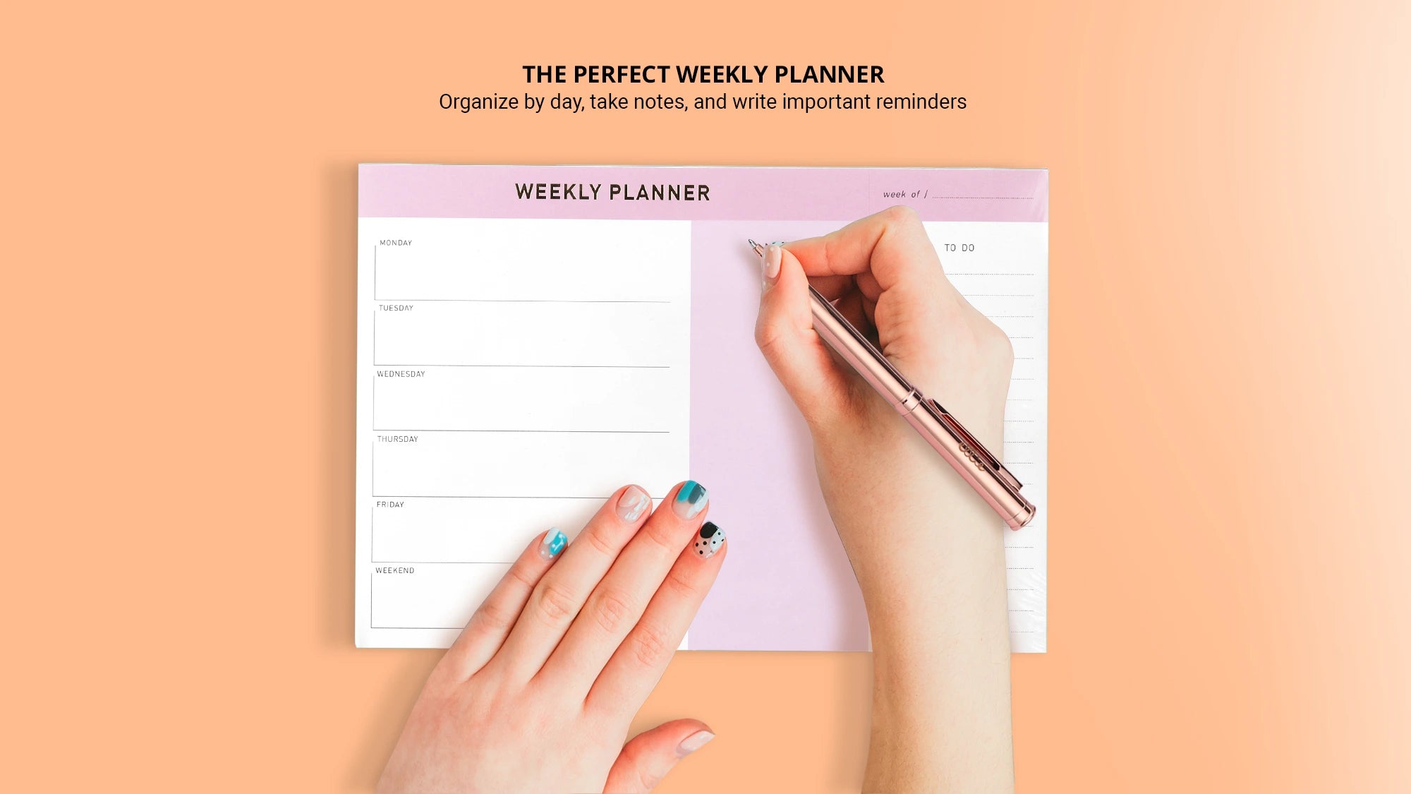 Weekly planner with rose gold pen and a cute nail polish