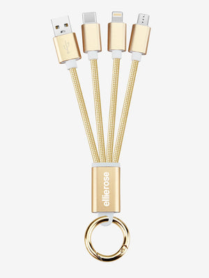 Gold 3 in 1 USB A keychain charging cable with gold ring