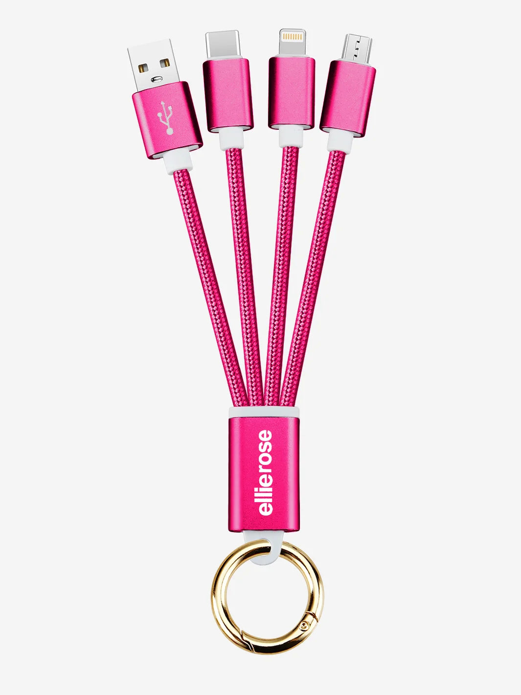 Hot pink 3 in 1 USB A keychain charging cable with gold ring