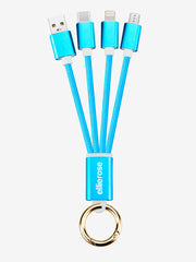 Neon Blue 3 in 1 USB A keychain charging cable with gold ring