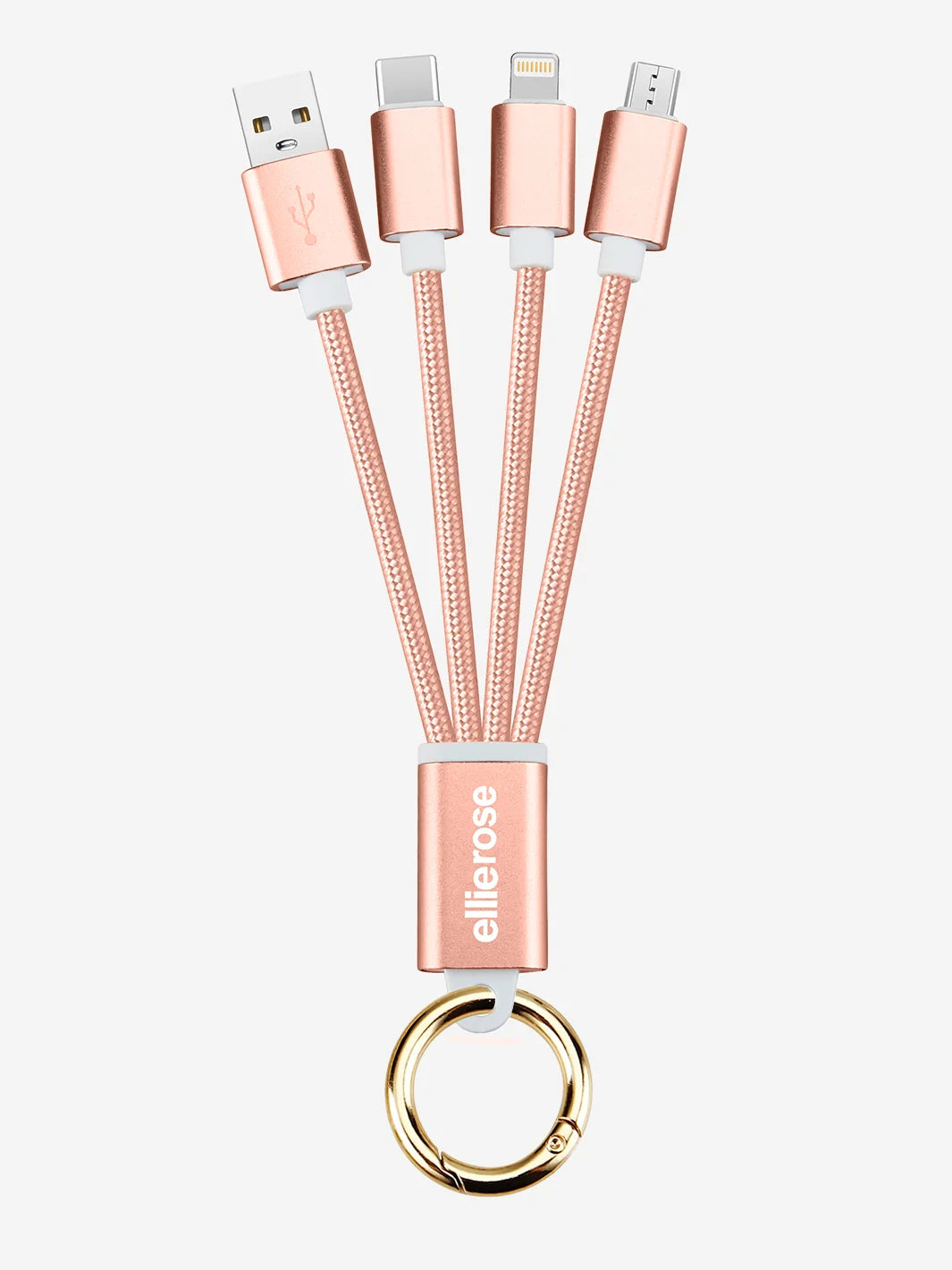 Rose Gold 3 in 1 USB A keychain charging cable with gold ring