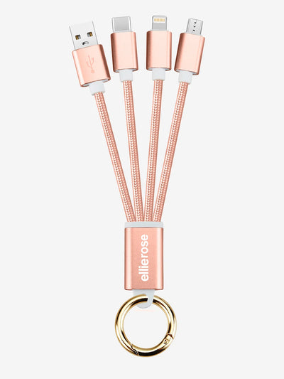 Rose Gold 3 in 1 USB A keychain charging cable with gold ring