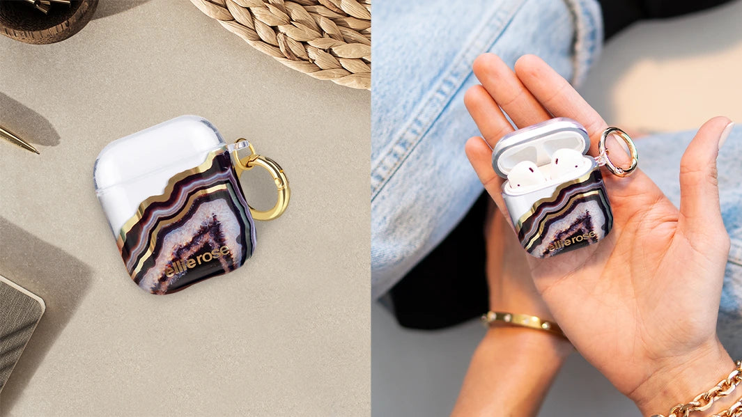 Showing black agate airpods case with gold ring