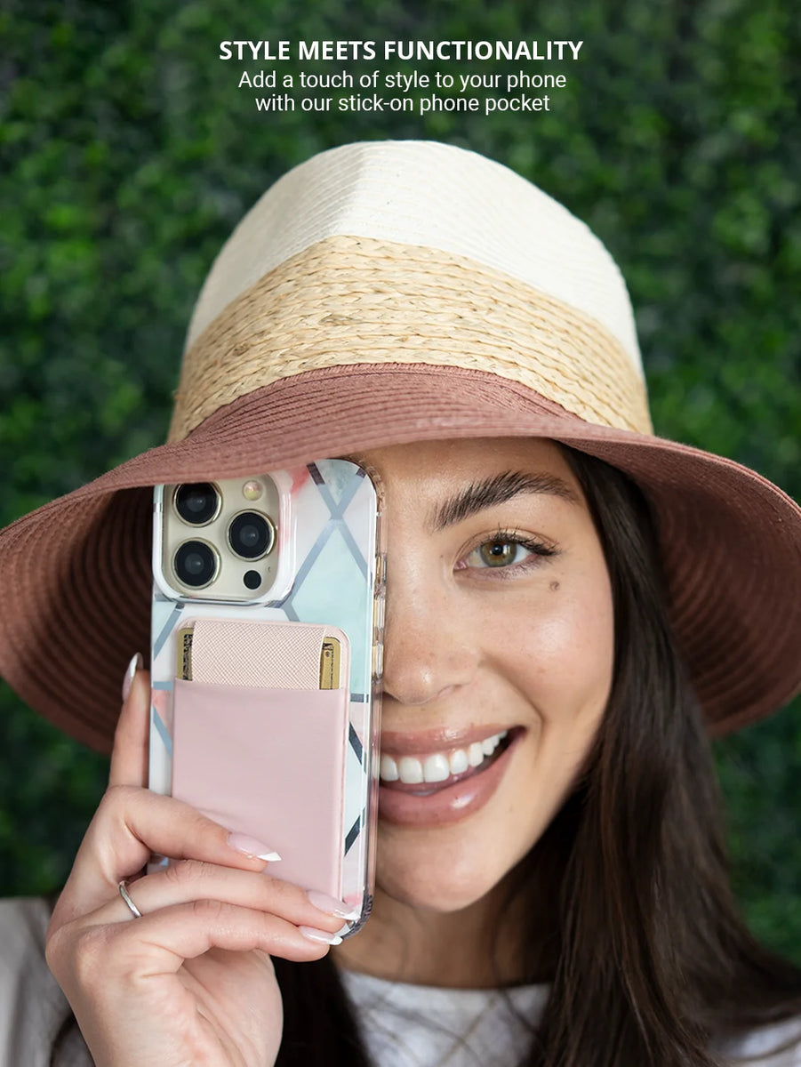 Stick on phone pocket black while wearing a hat