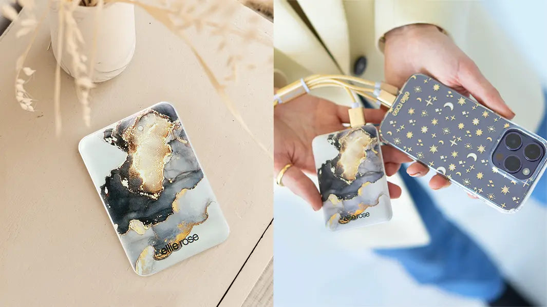 Showing 2 mercury marble powerbank while other one is charging an iphone using 3 in 1 gold charging cable