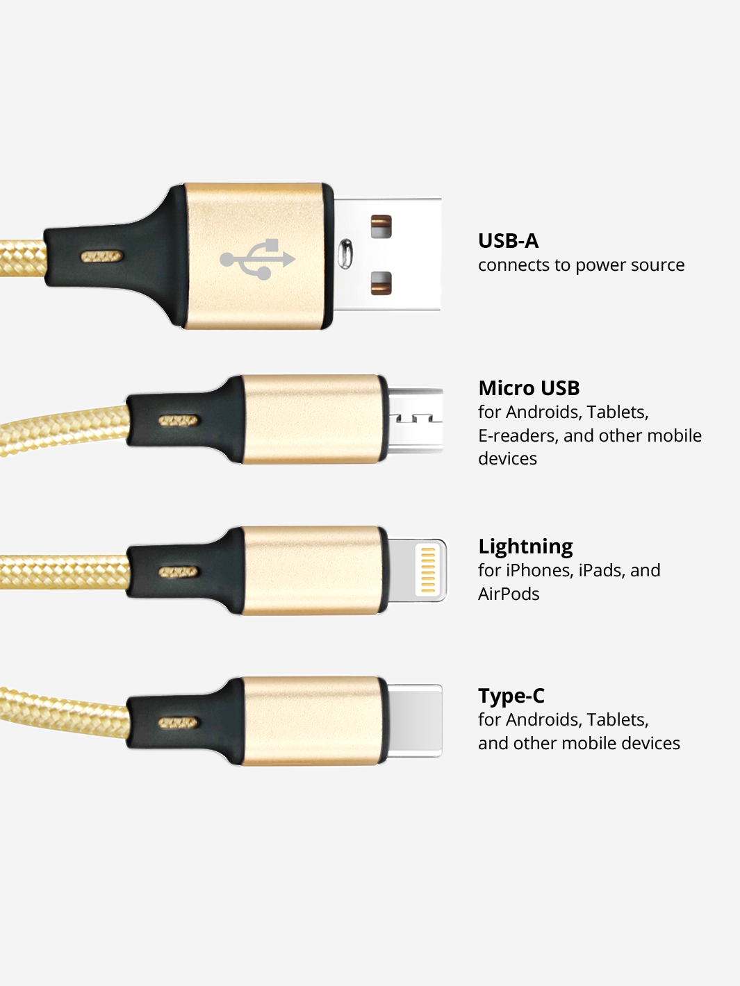 Gold 3-in-1 Charging Cable - 10 Ft (USB A) - 2 PACK