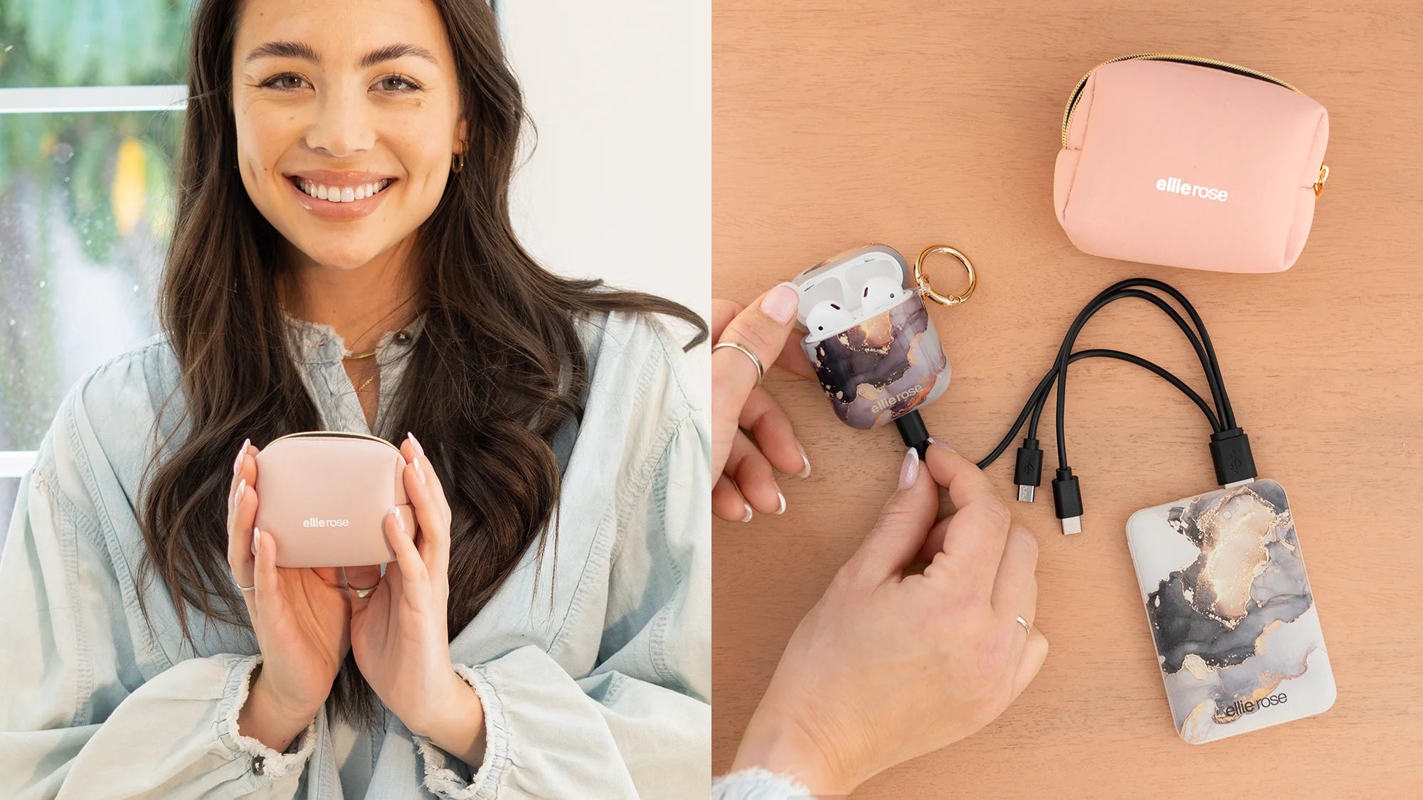 Blush tech kit with snakeskin airpods case and mercury marble power bank