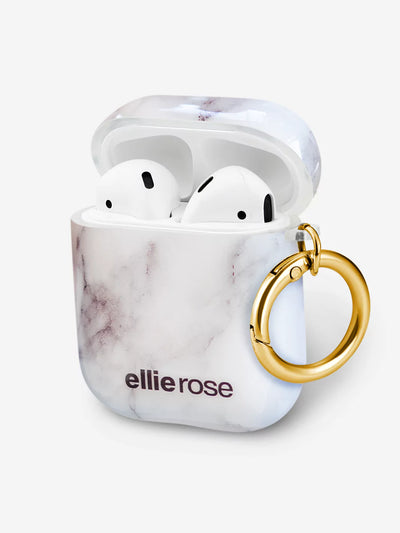 White marble airpod case side view with gold ring