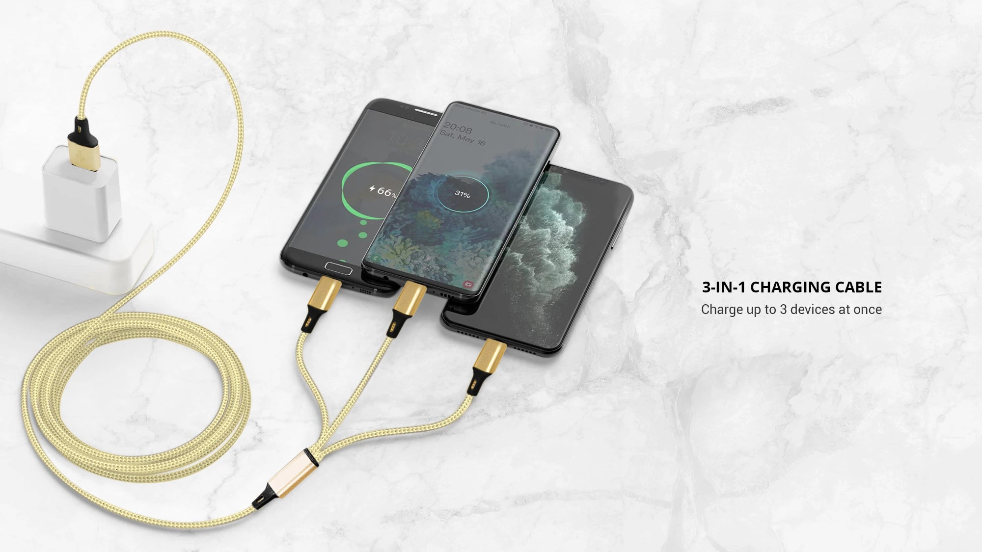 Charging multiple iphone using gold 3 in 1 charging cable USB A