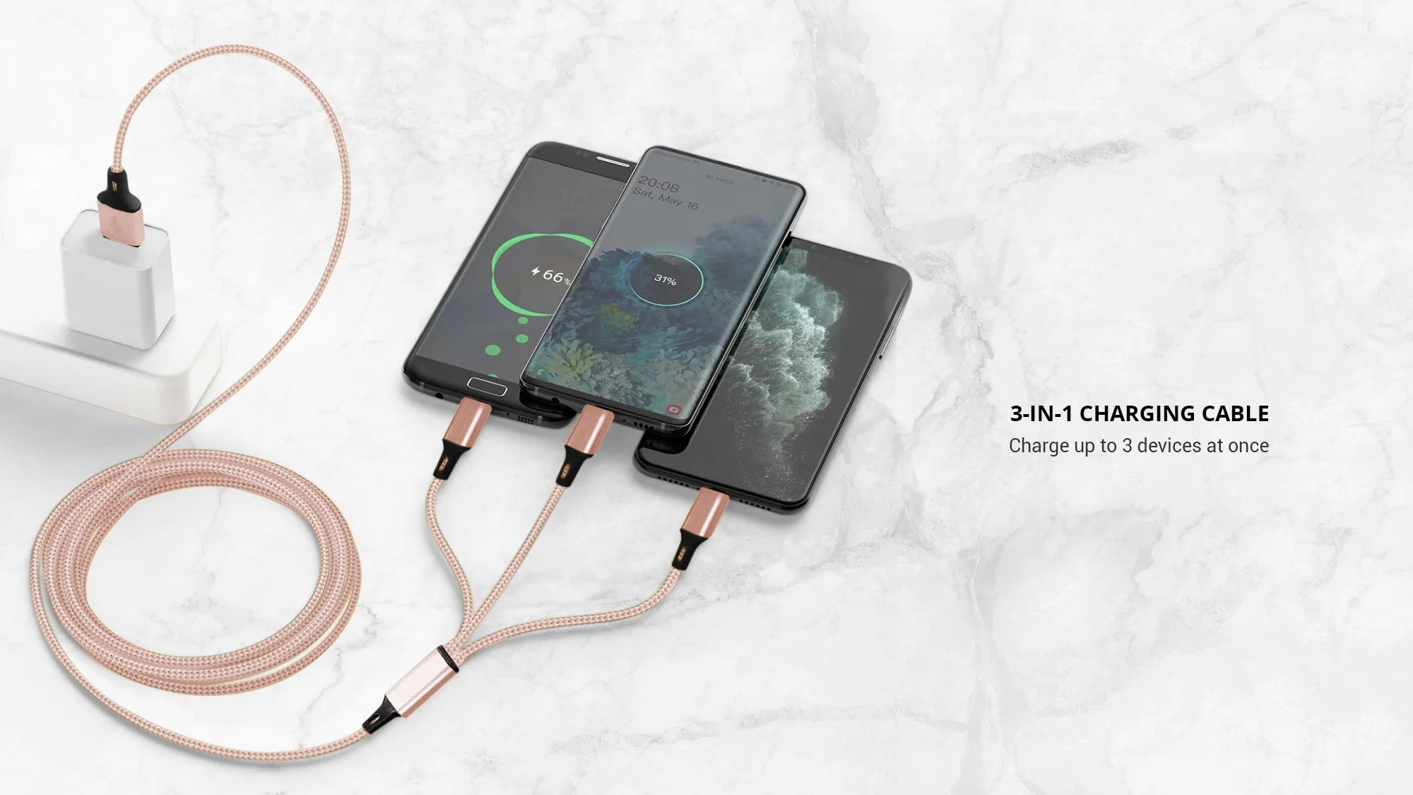 Charing 3 iphones together using Rose gold 3 in 1 charger white