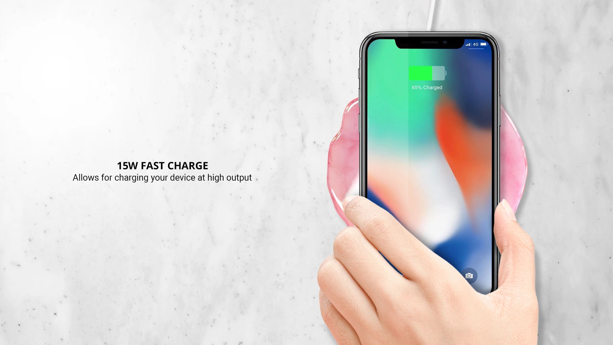 Charging an iphone with rose quartz wireless charger with 15w fast  charger