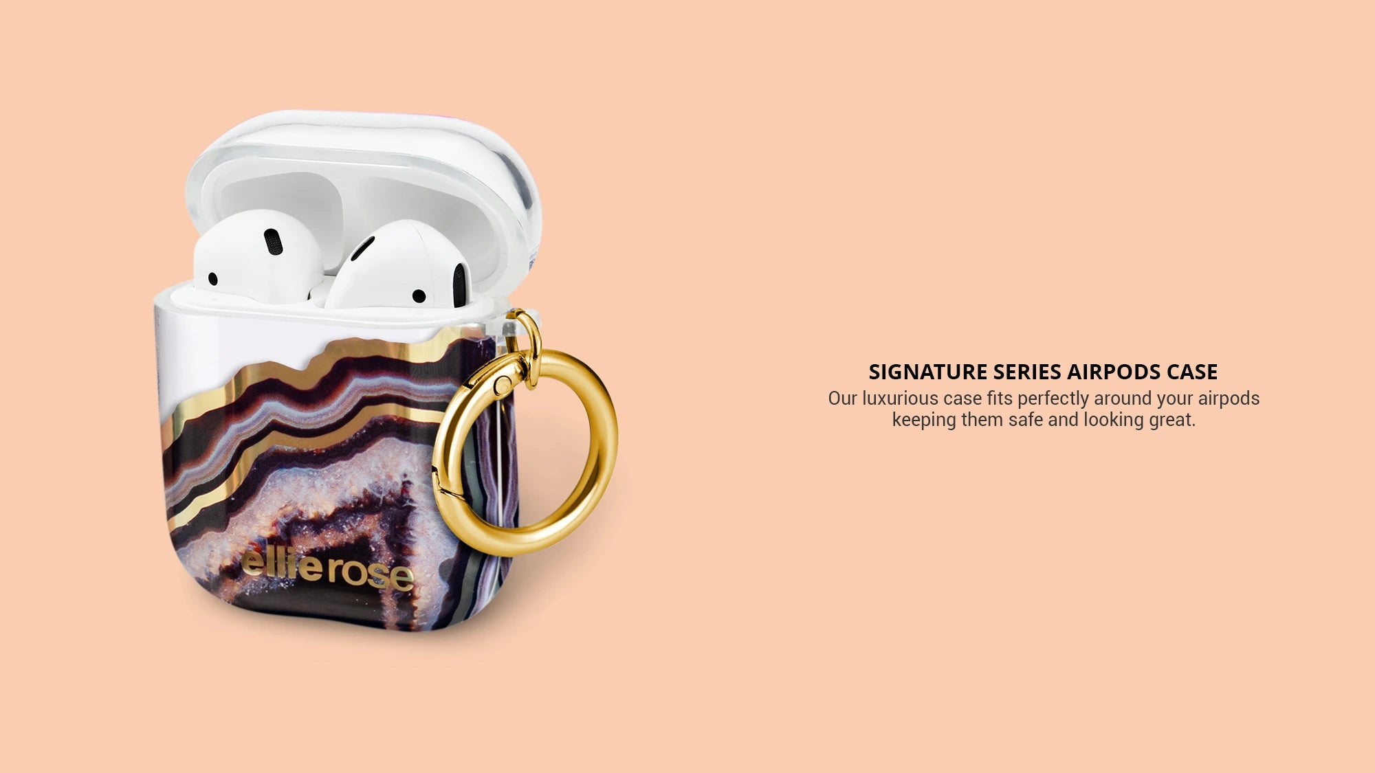 Showing black agate airpods case with gold ring signature series