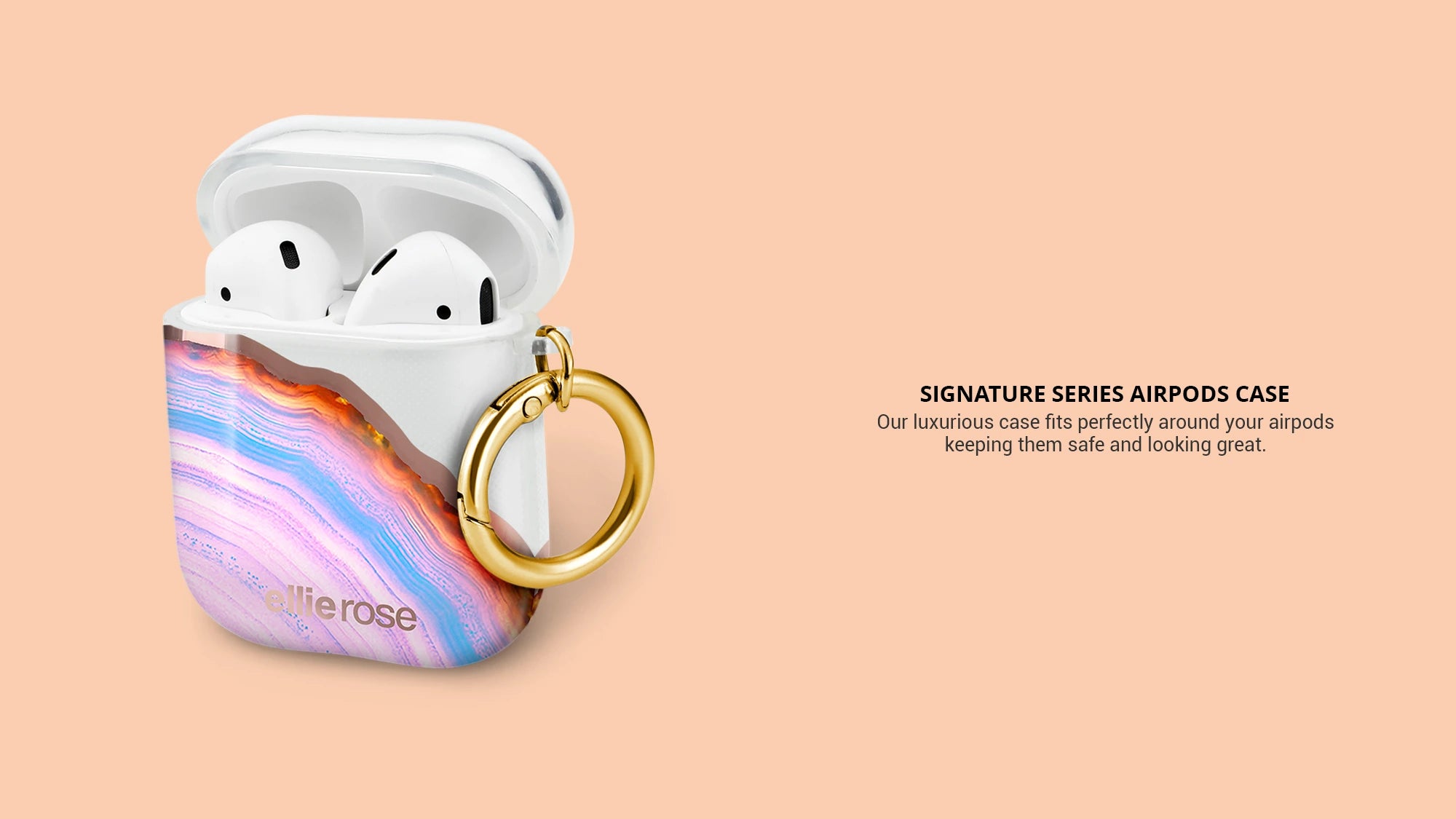 Candy agate airpods case showing signature series with gold ring clip