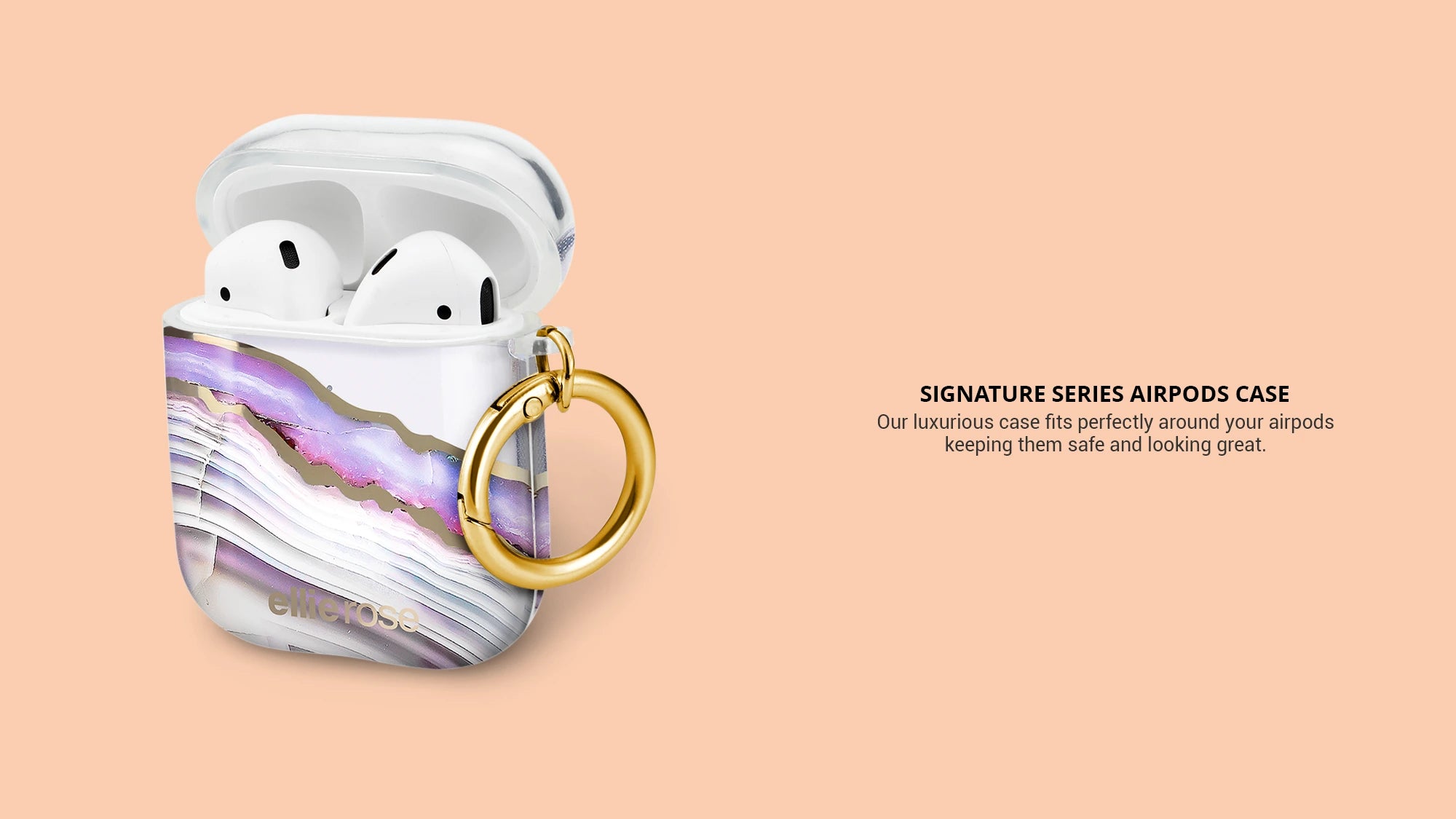 Showing lavender agate with airpods and gold ring showing signature series