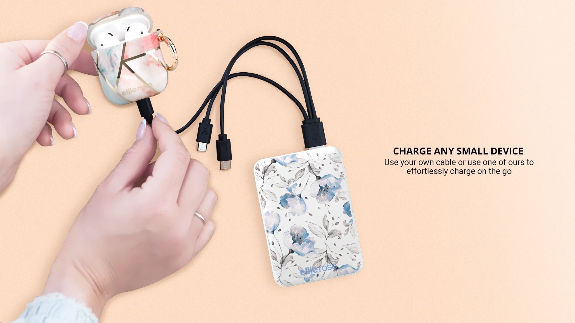 blue floral power bank with 3 in 1 usb charging cable connected to peachy green airpods case