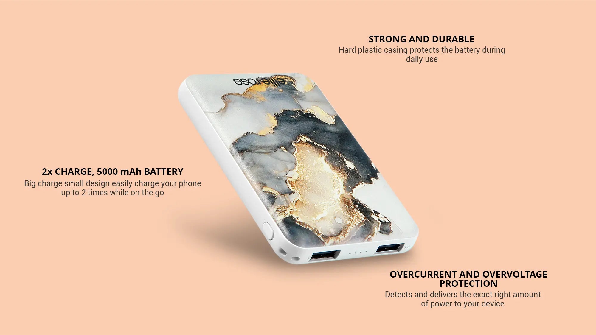 Mercury marble powerbank showing dual port charging 5000 with mah battery