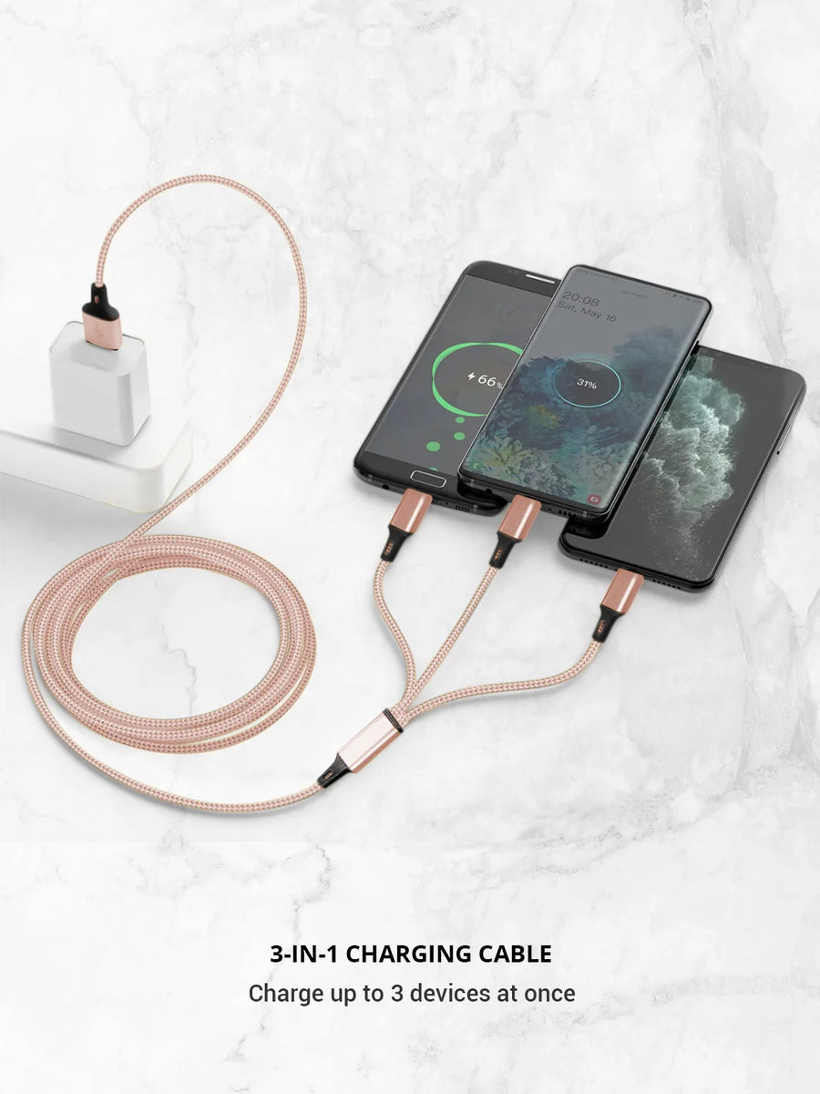 Charing 3 iphones together using Rose gold 3 in 1 USB A with white wall charger