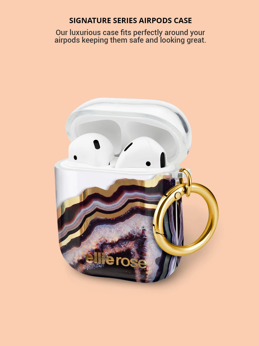 Showing black agate airpods case with gold ring signature series