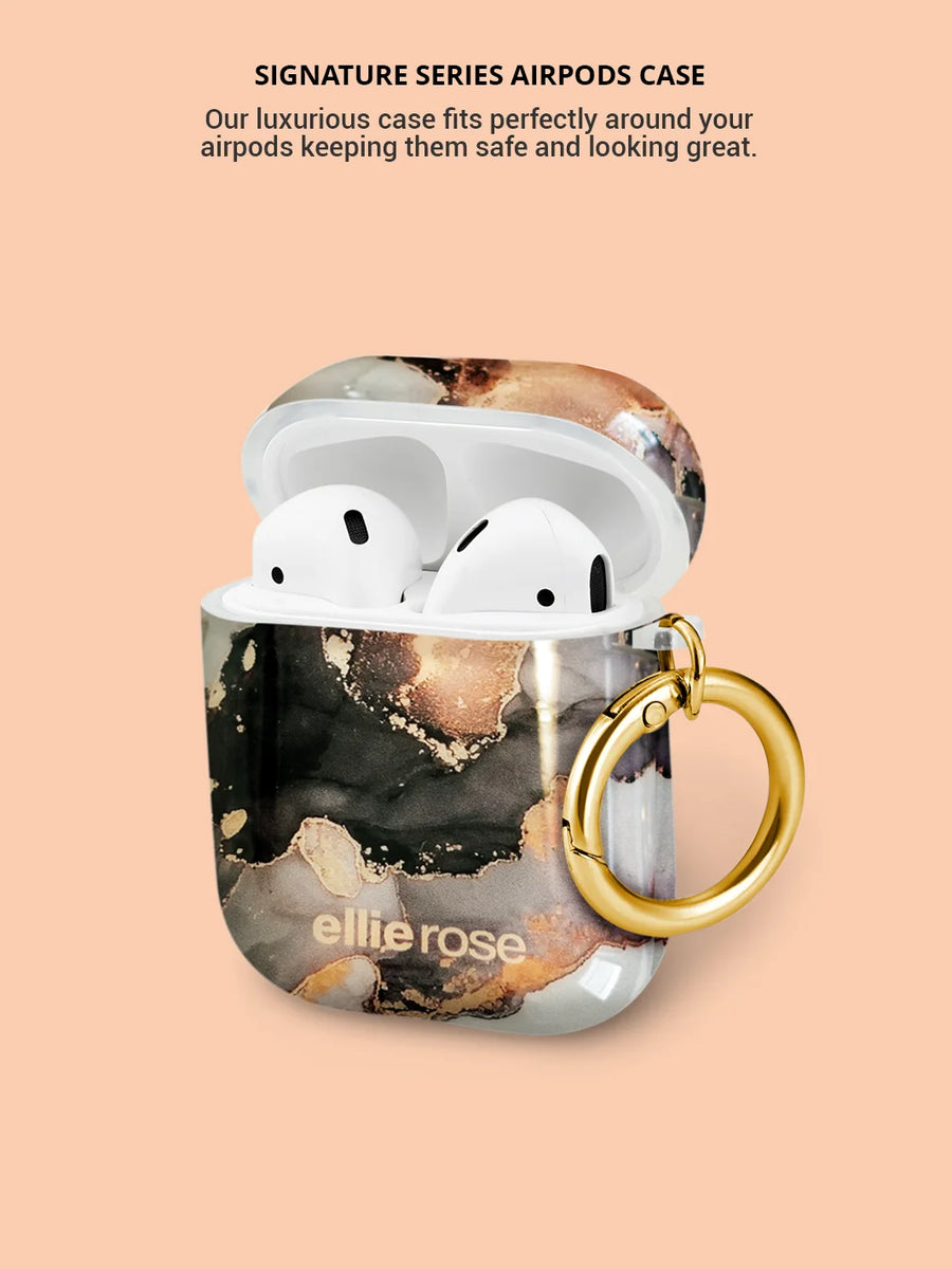 Showing mercury marble airpods case with metal gold ring