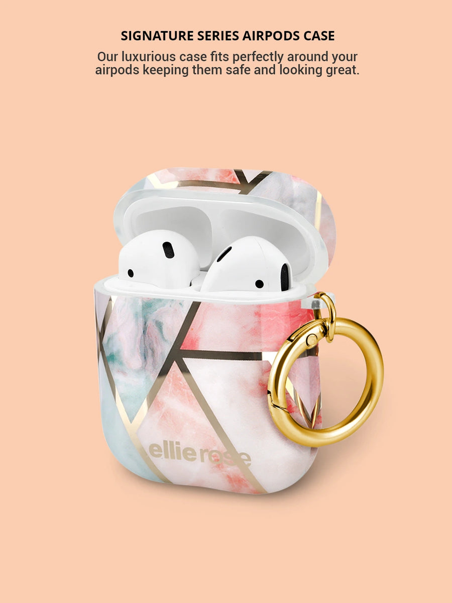 Showing peachy green airpods case with gold ring