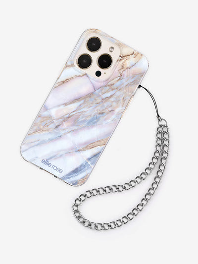 Gun metal phone wristlet charm connected to an iPhone with desert marble case