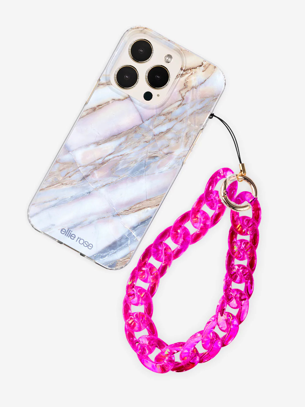 Hot Pink Holographic Phone Charm wristlet with gold metal ring connected to iPhone desert marble case