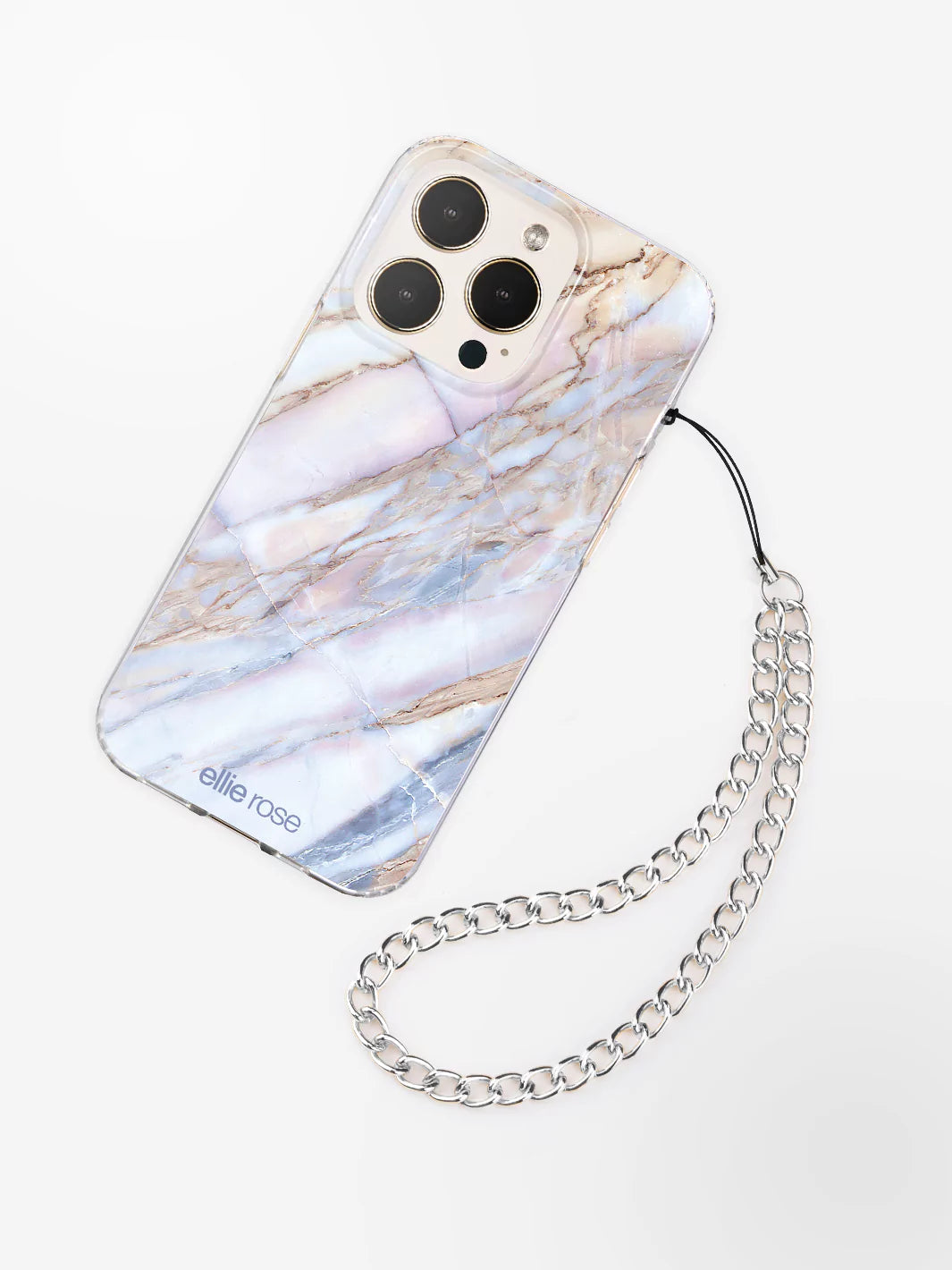 Silver phone wristlet charm latched to iPhone with desert marble case