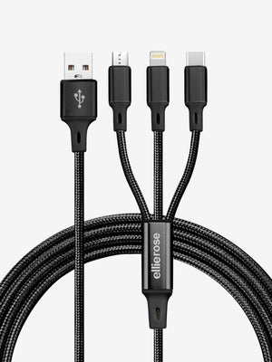 Black 3 in 1 charging cable USB A with braided nylon cable