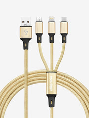 Gold 3 in 1 charging cable USB A with braided nylon cable