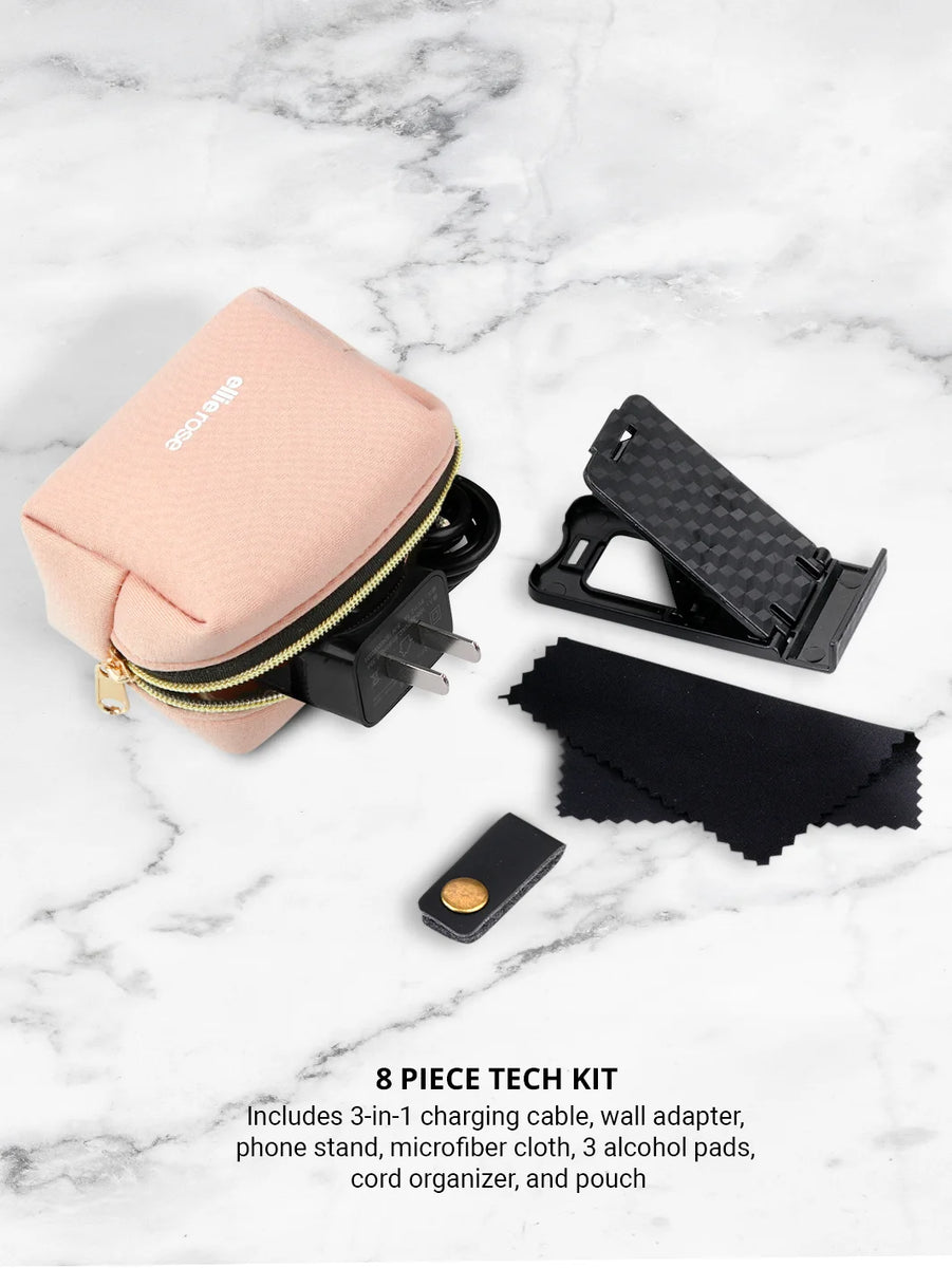 Showing 8 piece tech kit blush includes charging cable wall adapter and phone stand