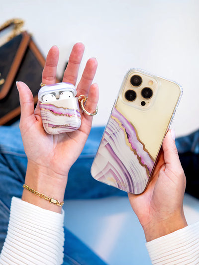 Lavender Agate AirPods Case held in hand with iPhone